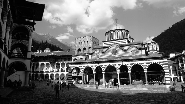 Stepping back, Rila Monastery, Bulgaria